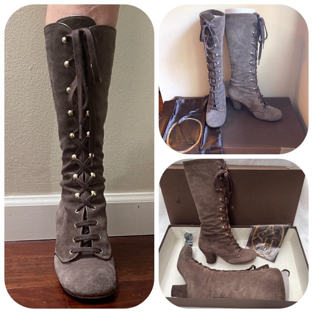 Chie Mihara QUECHU Suede Vintage Lace Up Knee High Rounded Toe Boots 7